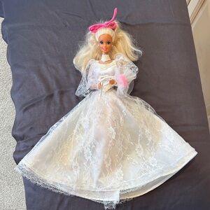 Barbie Doll in White Lace Dress with Pink Accents